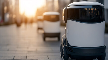 Autonomous delivery robots driving down a city street at sunset, representing the future of urban logistics and automated delivery systems.