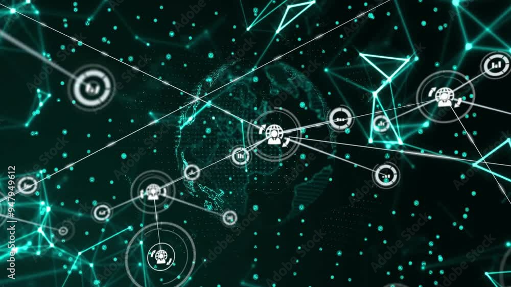 Poster Network connections and data processing animation over world map and digital nodes