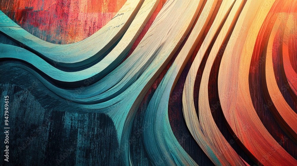 Poster thin wood lines in a colorful abstract design, set on a dynamic futuristic background, blending natu