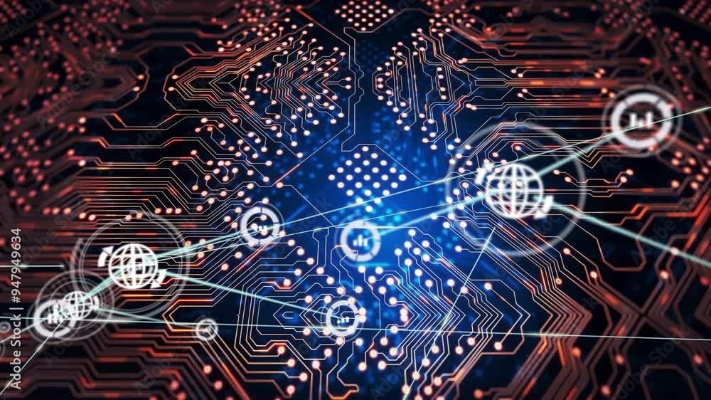 Poster circuit board with glowing connections and data processing animation