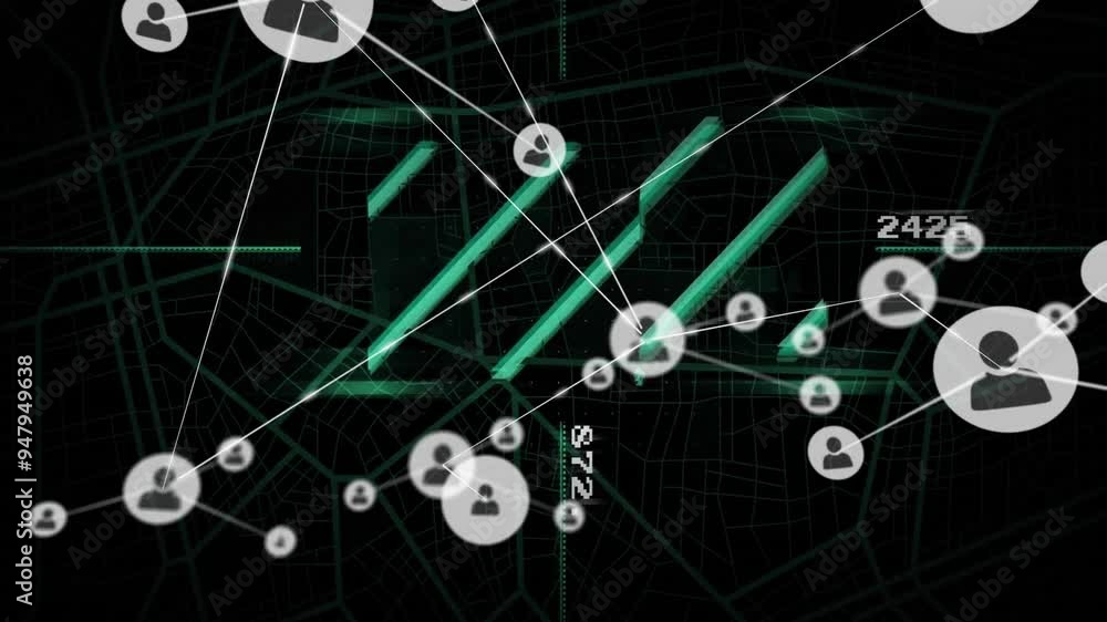 Poster network of connections and data points animation over city map background