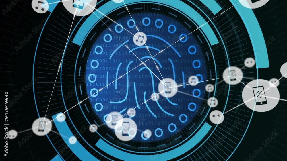 Poster digital network and data transfer animation over blue circular interface