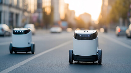 Autonomous delivery robots navigate through an urban setting at sunset, highlighting the future of last-mile delivery technology.