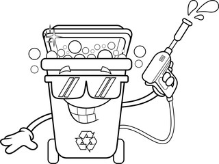 Outlined Recycle Trash Bin Cartoon Character Holding A Washer Gun. Vector Hand Drawn Illustration Isolated On Transparent Background