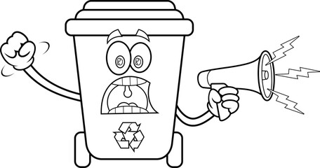 Outlined Angry Recycle Trash Bin Cartoon Character Screaming Into Megaphone. Vector Hand Drawn Illustration Isolated On Transparent Background