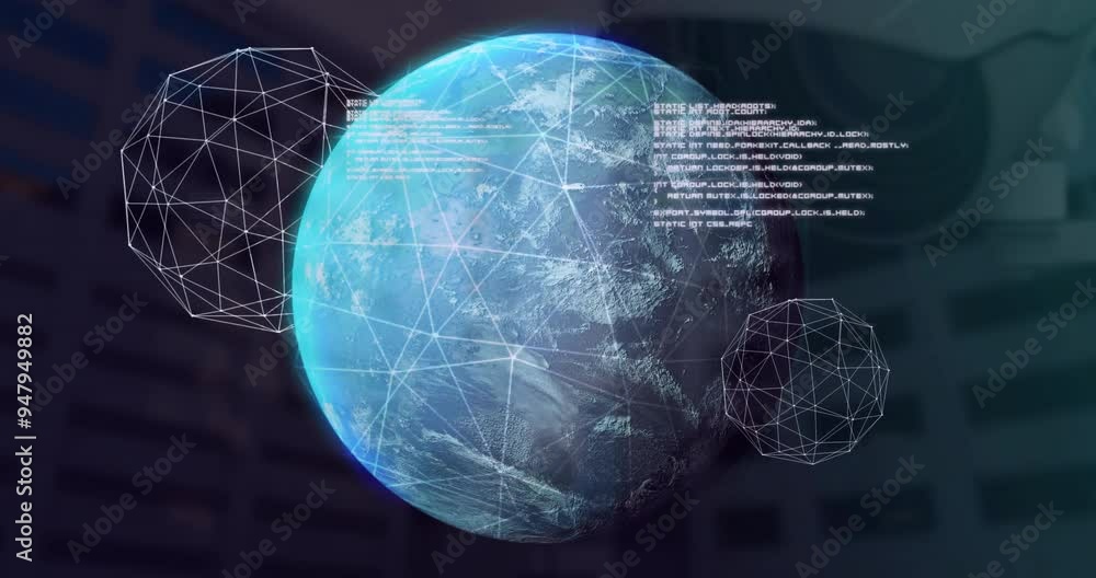 Poster digital network and data processing animation over rotating earth and geometric shapes