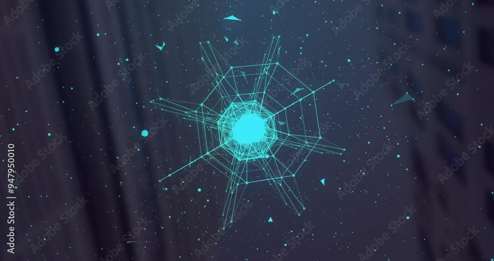 Poster geometric wireframe sphere and network connections animation over starry background