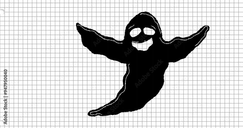 Poster ghostly figure with outstretched arms over grid background animation