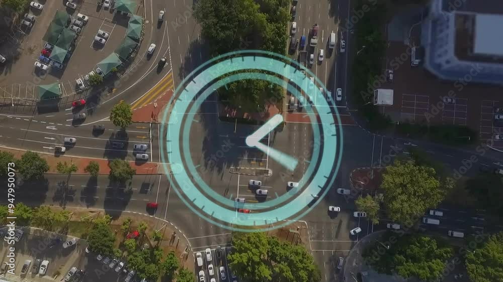 Poster clock animation over aerial view of busy city intersection with traffic