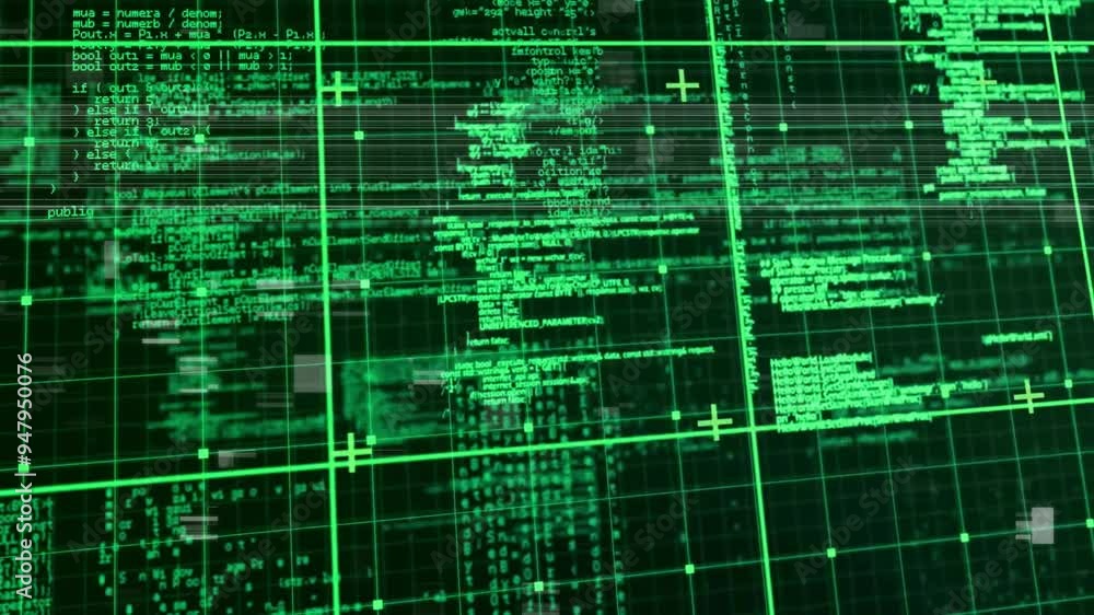 Aufkleber Green coding and data processing animation over grid background