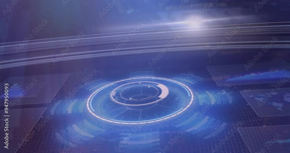 Poster processing data with circular interface and graphs in futuristic animation