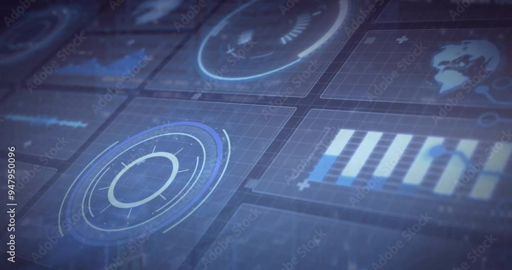 Poster digital data charts and graphs animation over blue grid background