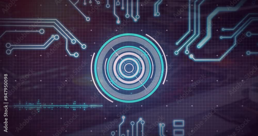 Poster circuit board and digital target animation over grid background