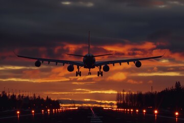 Airplane Landing. Evening Arrival with Beautiful Sunset Sky Background