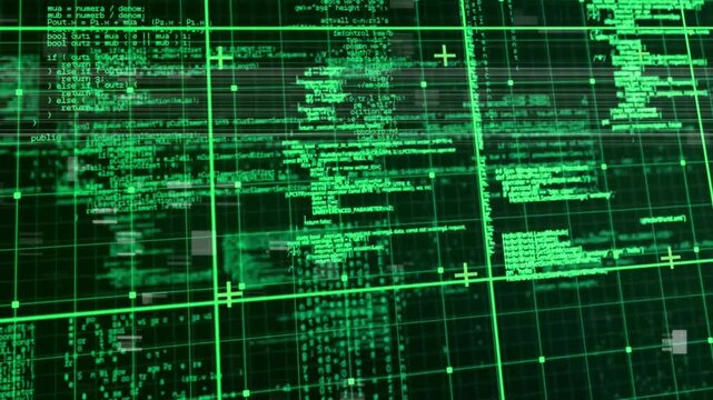 Green coding and data processing animation over grid background