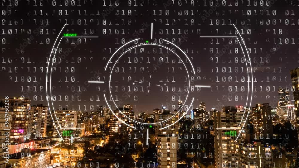 Poster binary code and data processing animation over cityscape at night