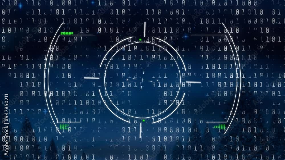 Poster binary code and circular data processing animation over night sky with trees