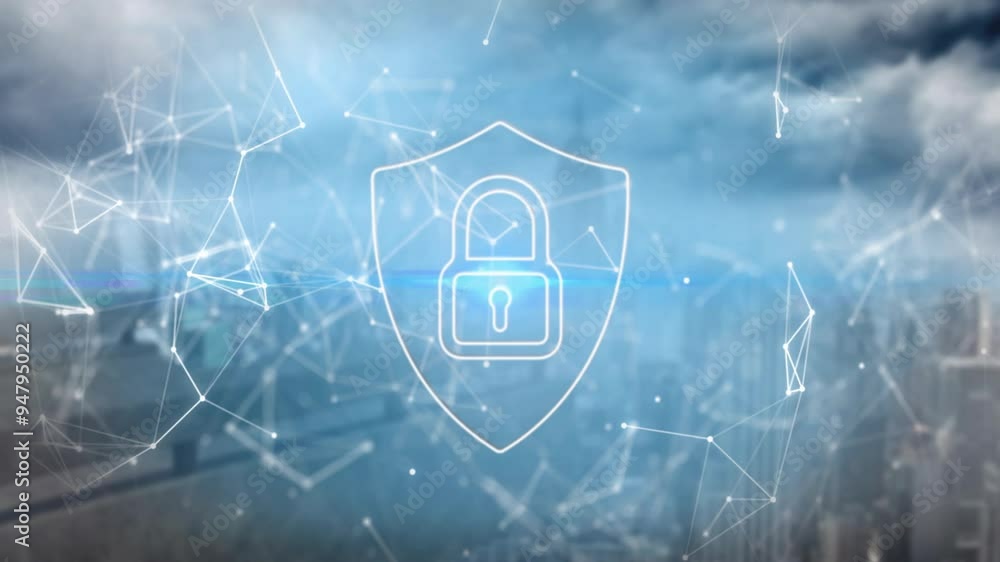Poster lock and shield icon with network connections animation over cityscape