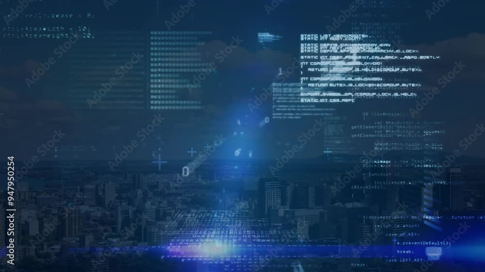 Poster computer code and data processing animation over cityscape at night