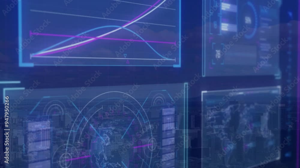 Poster Data analytics and graphs animation over cityscape background
