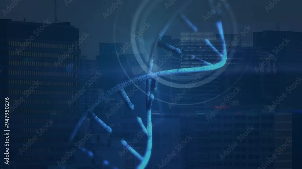 Poster dna strand and binary coding animation over cityscape at night