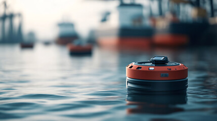 An autonomous marine drone navigating a waterway near a busy port, representing advancements in maritime technology and autonomous vessel operations.