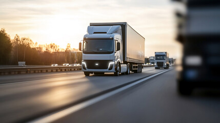 A line of electric trucks driving on the highway during sunset, symbolizing sustainable and innovative transportation solutions.