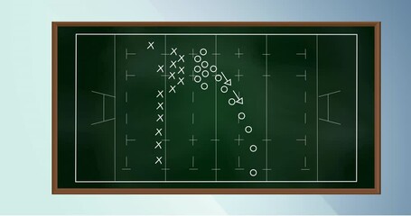 Football strategy animation on chalkboard with player positions and movement arrows - Powered by Adobe