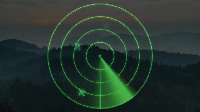 Radar scanning animation over forested mountain landscape at dusk