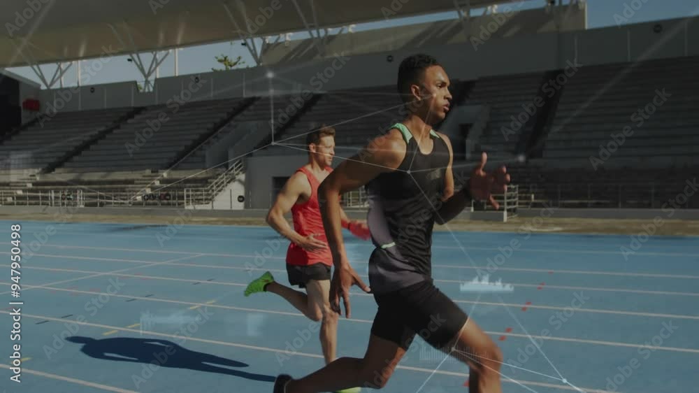 Poster running athletes on track with data analysis animation over stadium background