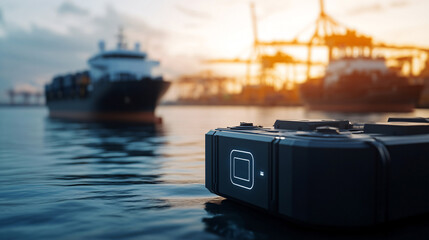 A high-tech autonomous device floating in a shipping port, highlighting the integration of smart technology in modern maritime logistics and operations