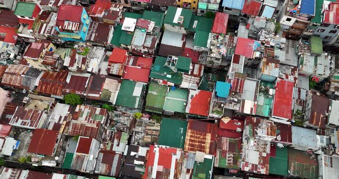 A detailed slum view showcasing the ceilings of various colorful houses in Manila, Philippines.