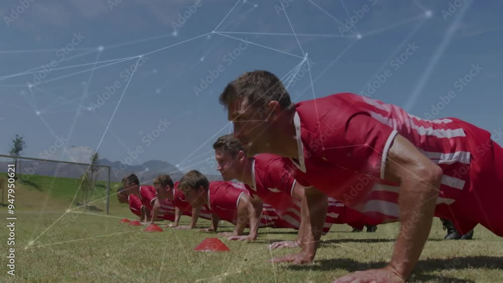 Poster soccer players doing push-ups over network connections animation on field