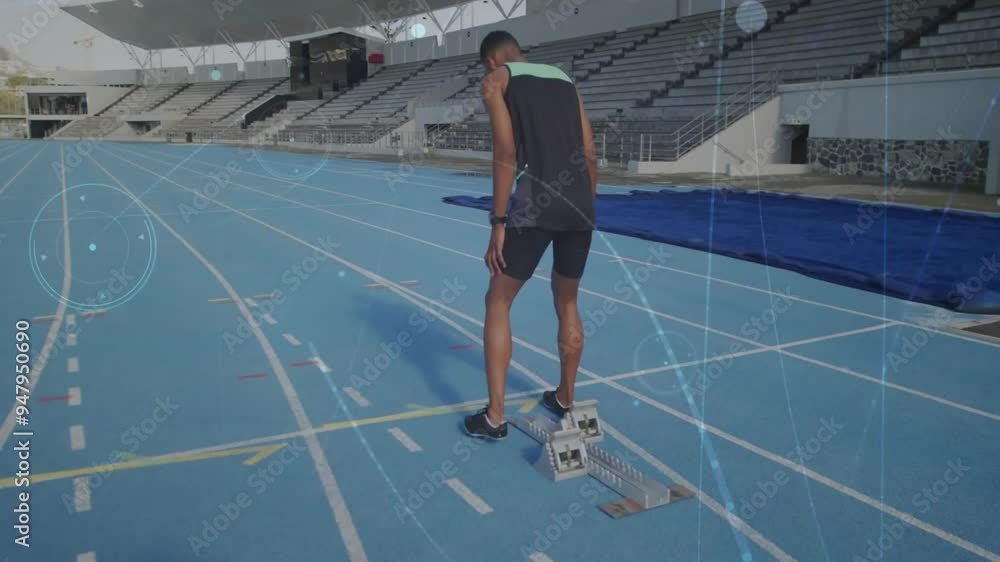 Poster athlete preparing to sprint on track with data processing animation