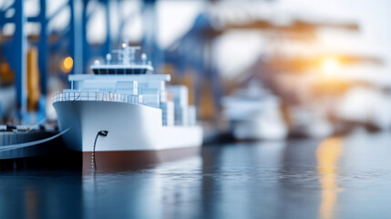 A high-tech ship docked in a modern port at sunset, representing advancements in maritime technology and the future of shipping logistics.