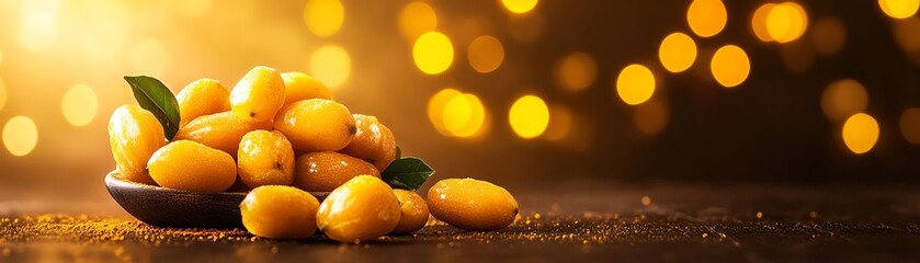 Fresh manila tamarind fruits, some whole and some shelled to show the juicy interior, arranged on a dark wooden surface with soft, warm lighting