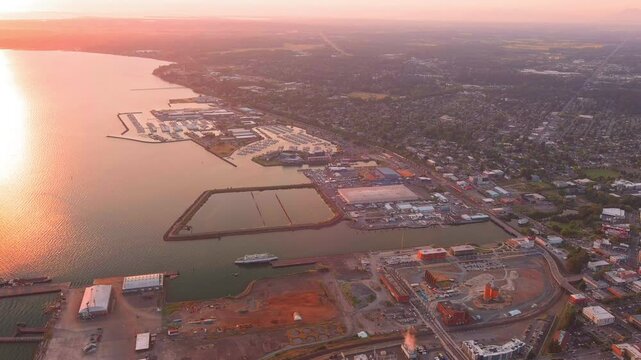 Bellingham Bay in the Salish Sea in Washington State, USA at sunset - aerial parallax