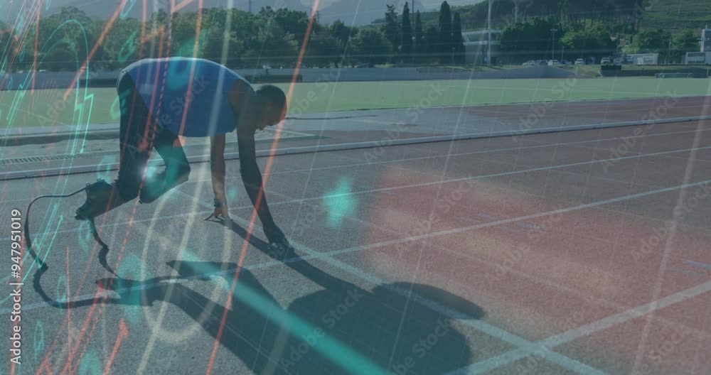 Poster runner preparing to start race over data processing animation on track
