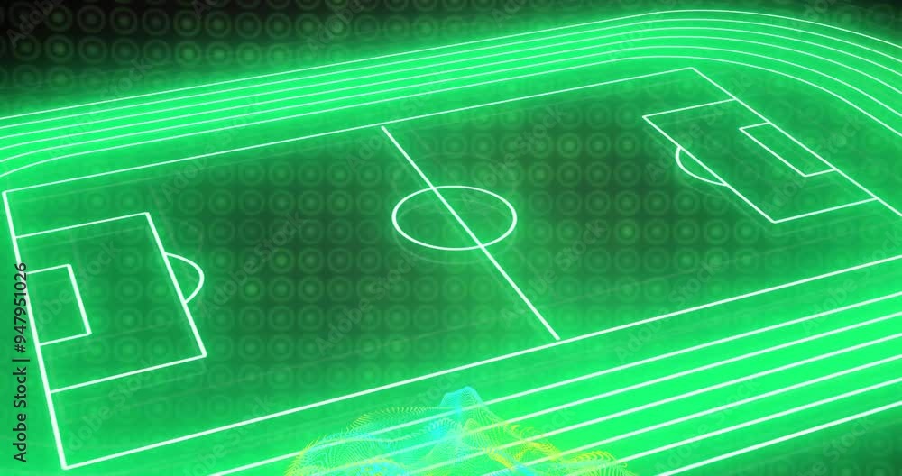 Poster soccer field with glowing lines and data processing animation