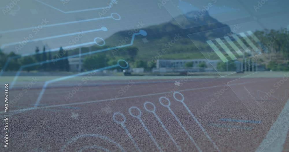 Poster circuit board animation over running track and mountainous landscape