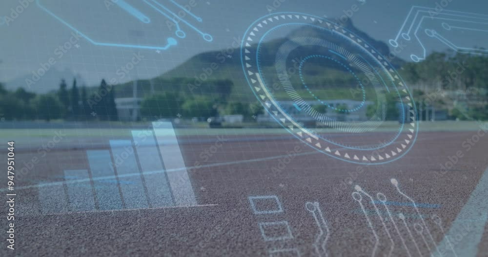 Poster digital interface elements and data processing animation over outdoor running track
