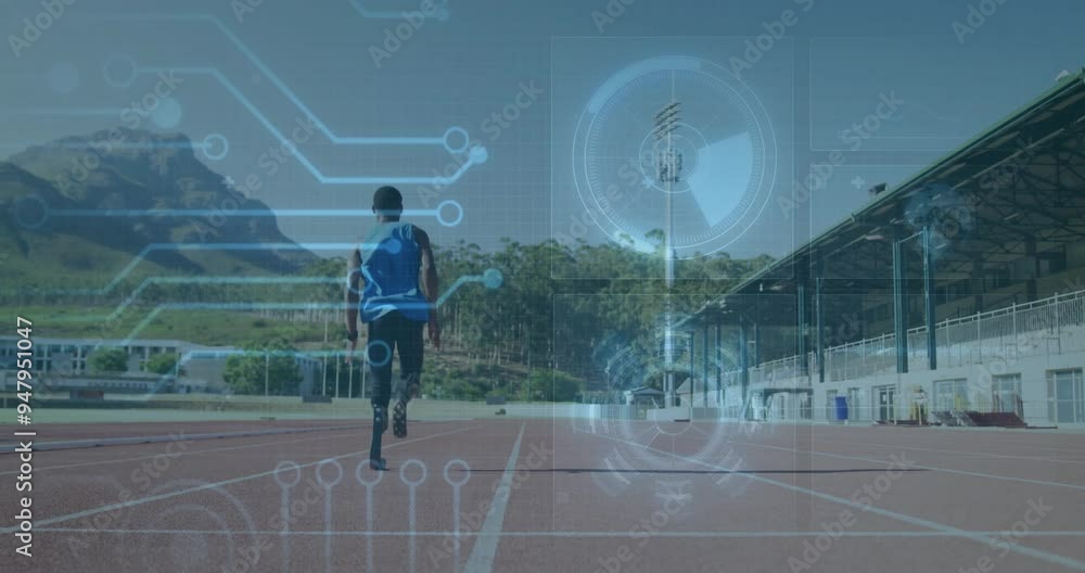 Poster running athlete on track with digital circuit and data analysis animation