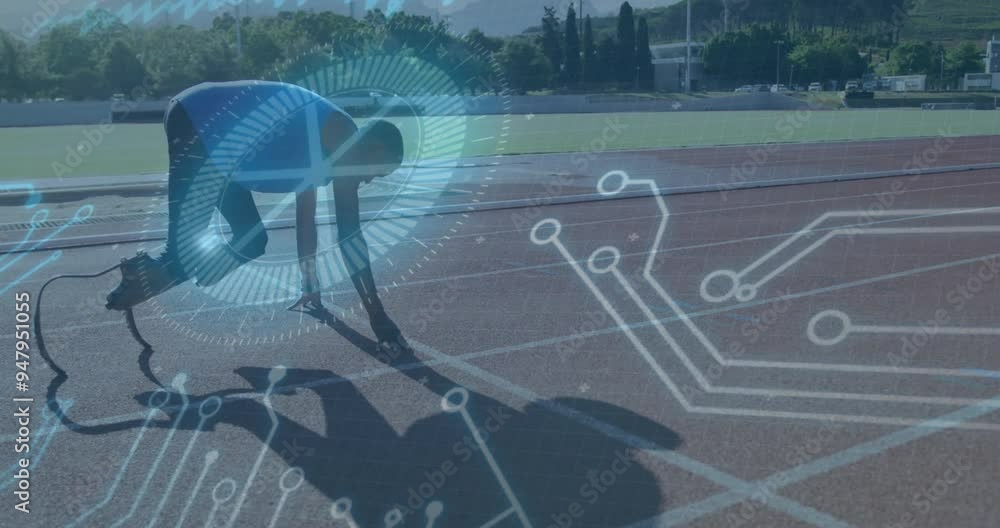 Poster circuit board and data processing animation over athlete preparing to run on track
