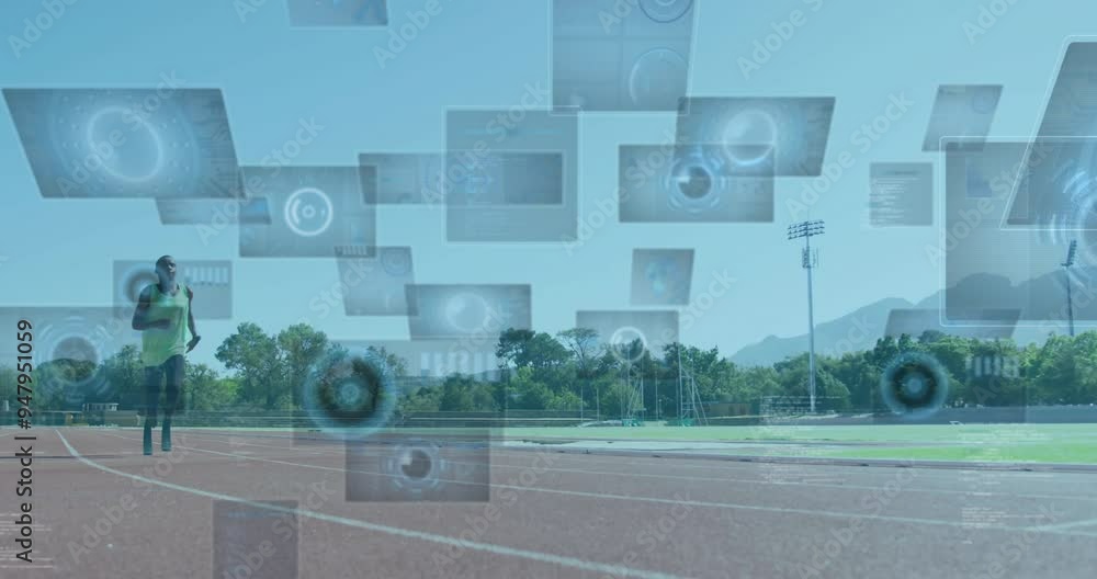 Aufkleber running on track, athlete with data processing animation over blue sky background