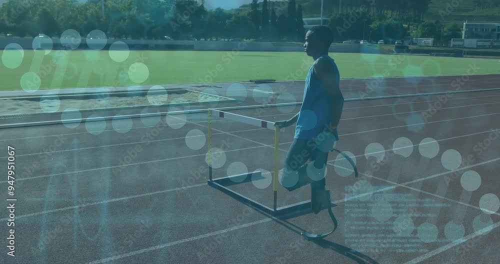 Poster athlete with prosthetic leg on track with data processing animation over scene