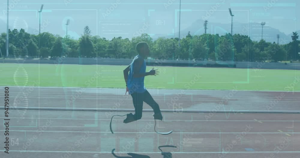 Poster running athlete on track with performance metrics animation overlaid