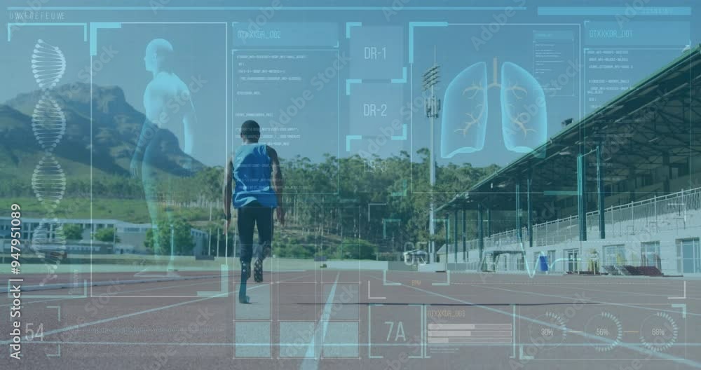 Poster runner on track with health data and lung analysis animation over landscape