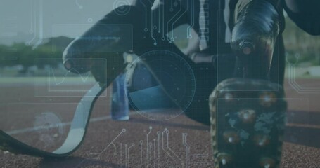 Athlete adjusting prosthetic leg with digital interface animation over track background - Powered by Adobe
