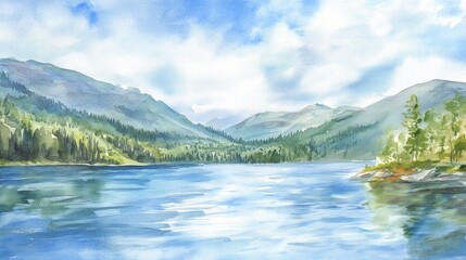 Fototapeta premium Watercolor Painting of Mountains and Lake