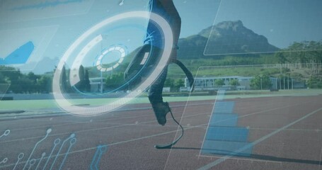 Digital interface animation over athlete running on track with prosthetic leg - Powered by Adobe
